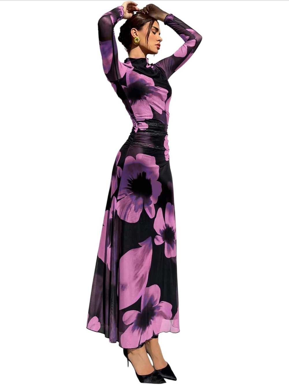 Floral Long-Sleeve Maxi Dress in Purple and Black